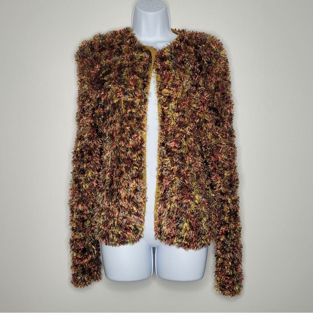 Vintage 80s 90s Colorful Maximalist Shaggy Rainbow Cardigan Hippie Quirky Med